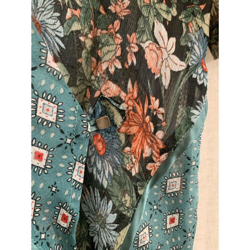Anthropology Tiny Lovely Floral Patchwork Teal Short Sleeve Wrap Top Small Sheer - Picture 3 of 9